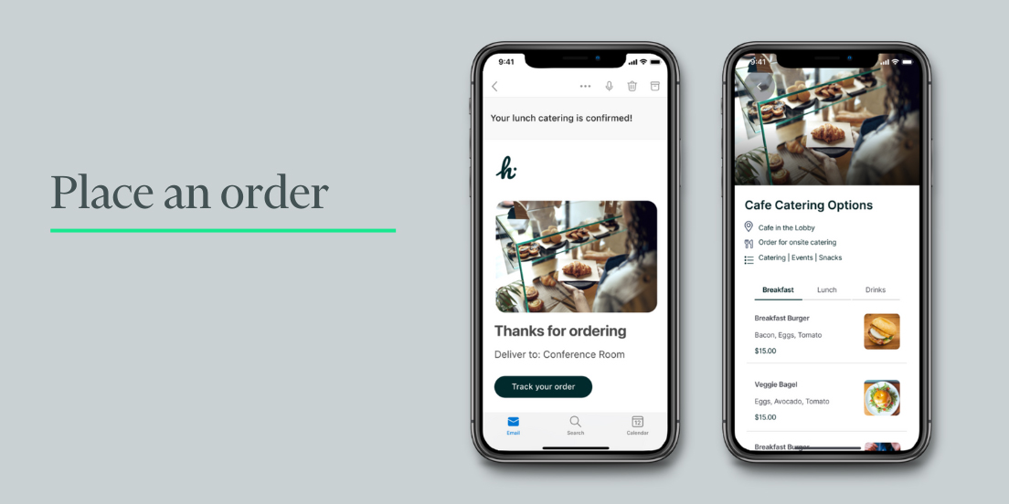 Two mobile devices displaying a catering order menu and an order confirmation within the Host app