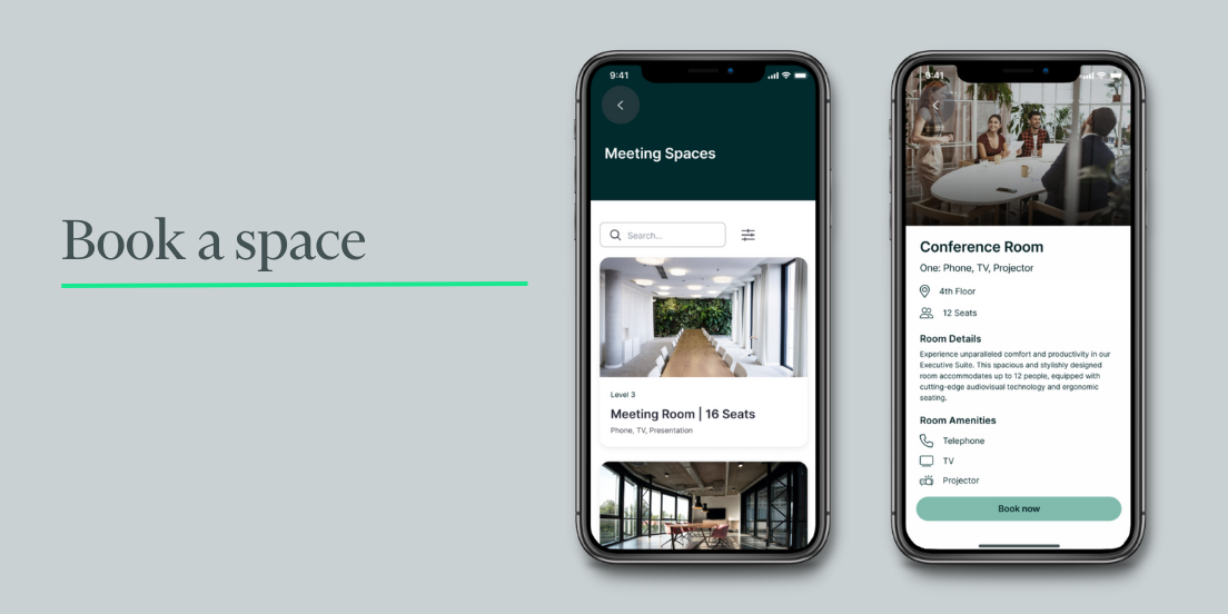 Two mobile devices displaying meeting space options and meeting space reservations within the Host app