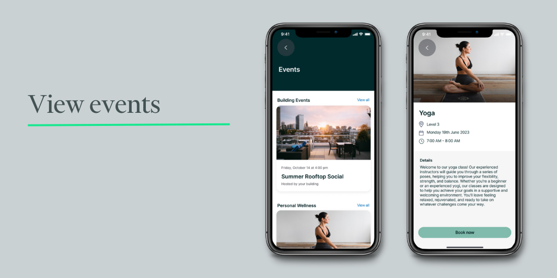Two mobile devices displaying building events and event details within the Host app