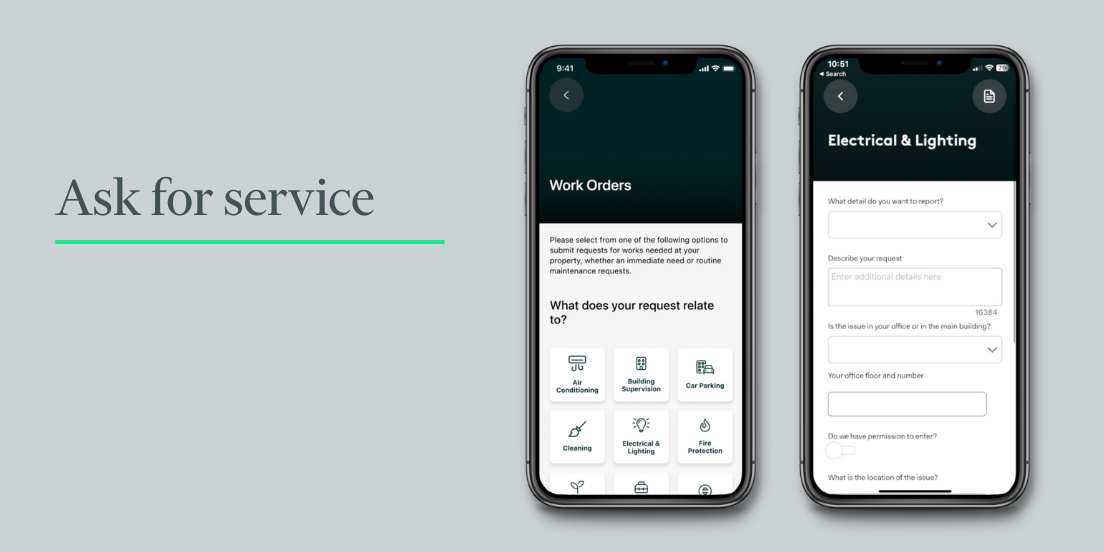 Two mobile devices displaying a work order menu and work order submission within the Host app