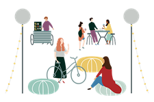 Flat illustration of an outdoor gathering with people dining and relaxing